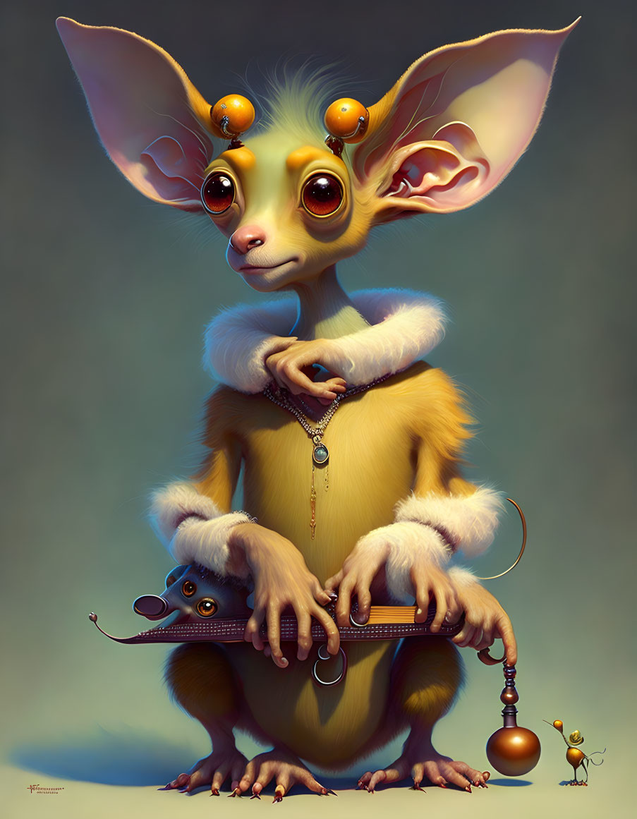 Whimsical creature with large ears playing a stringed instrument
