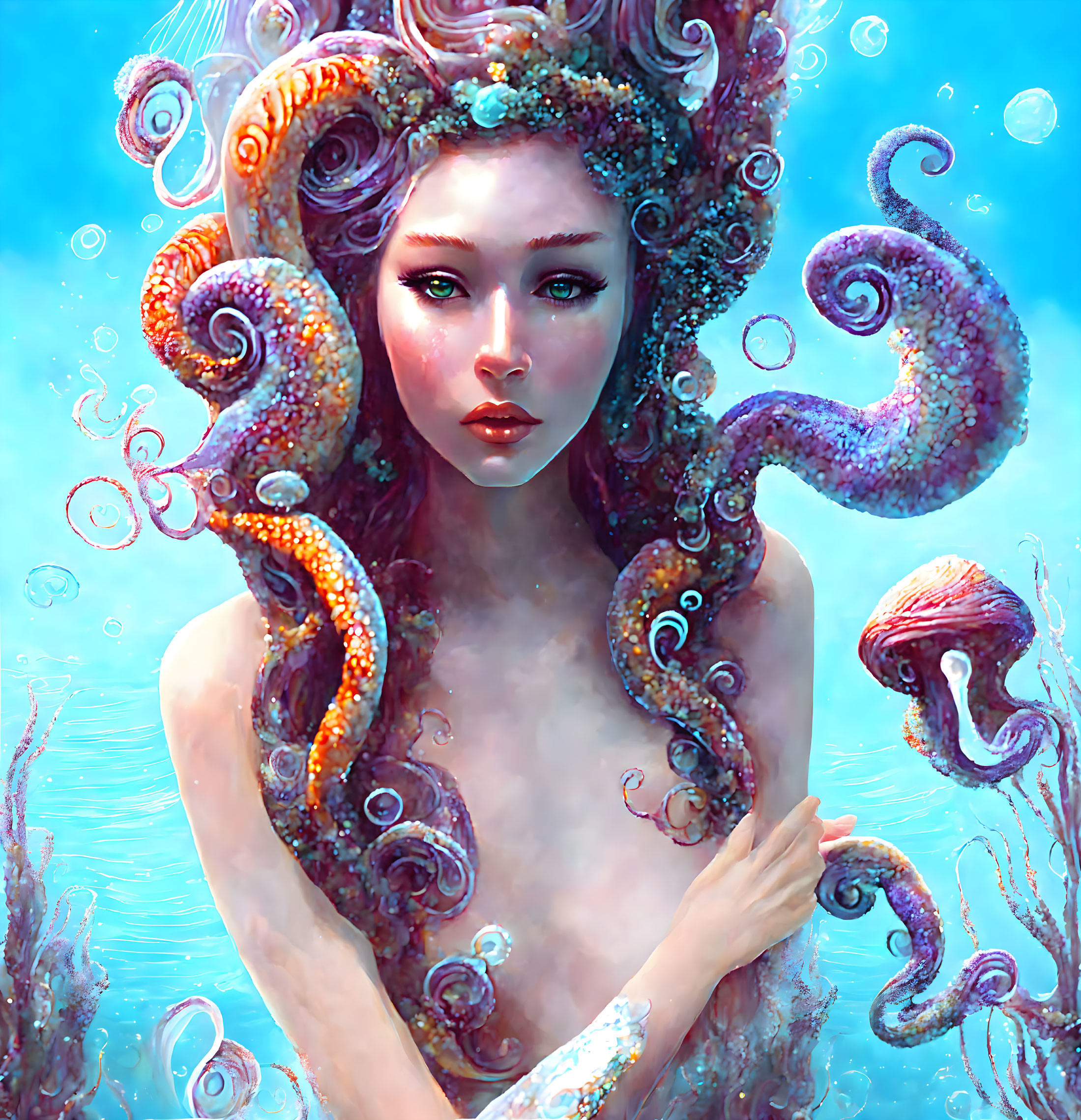 Intricate tentacle-haired mermaid with coral crown in underwater scene