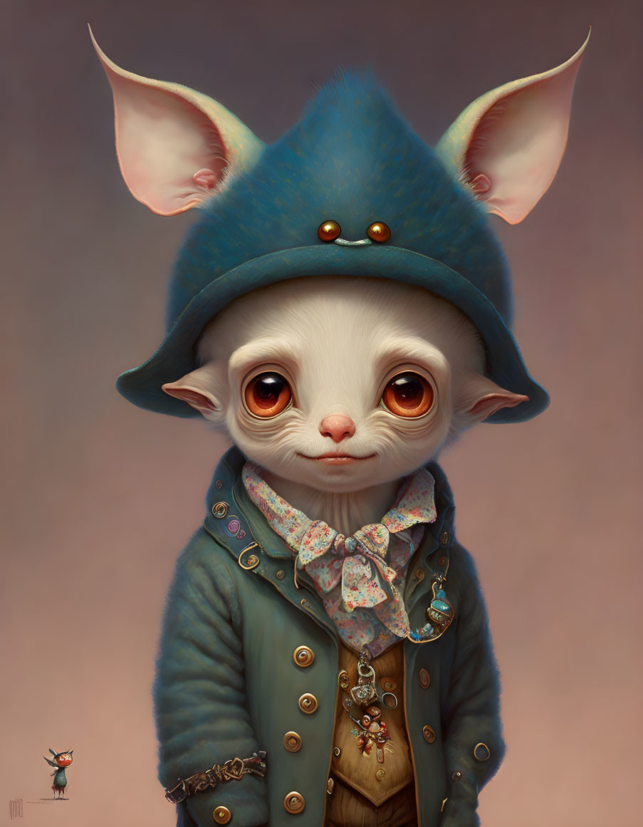 Whimsical creature in vintage blue coat, bow tie, & hat
