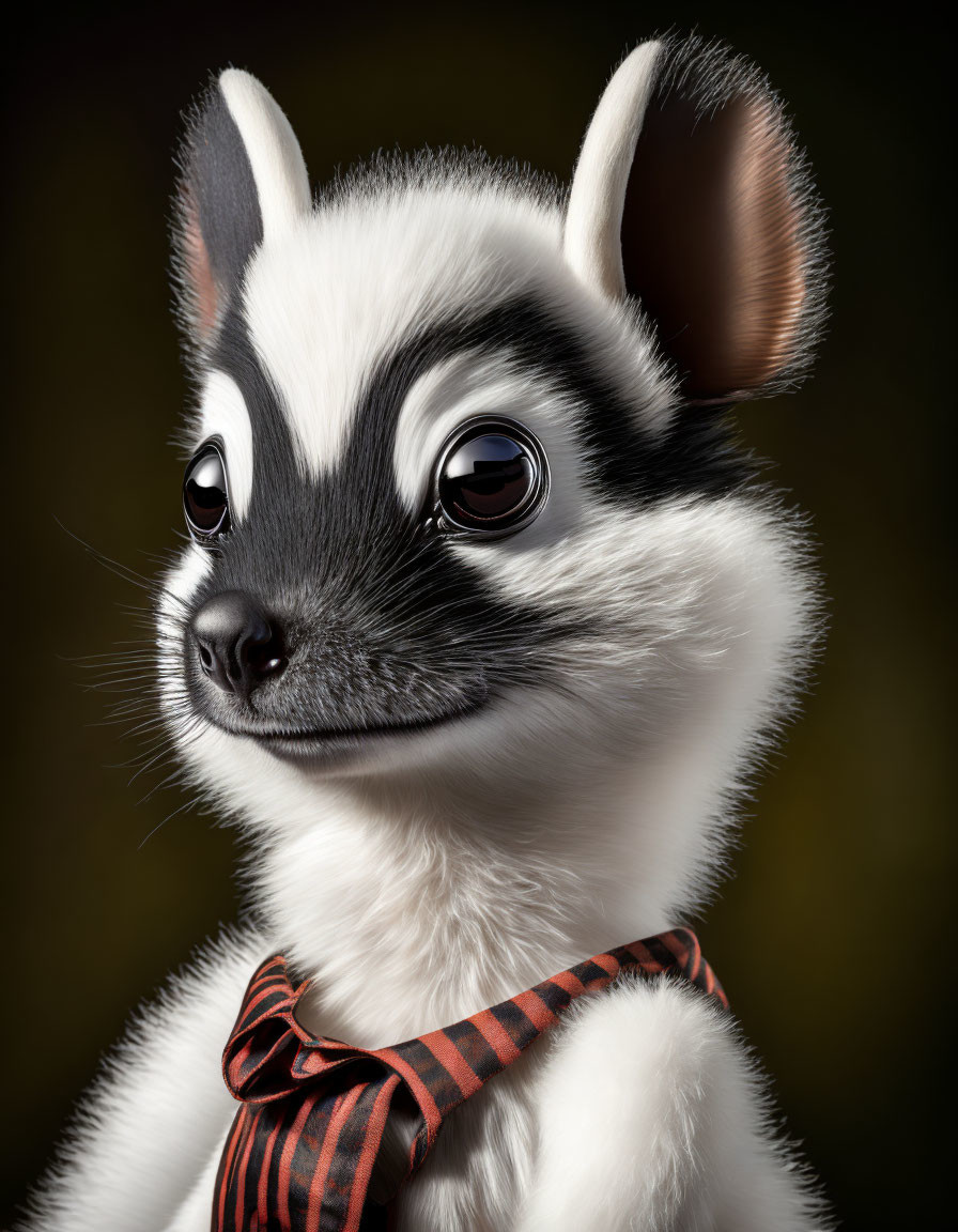 Stylized dog with large shiny eyes and bow tie in realistic fur texture