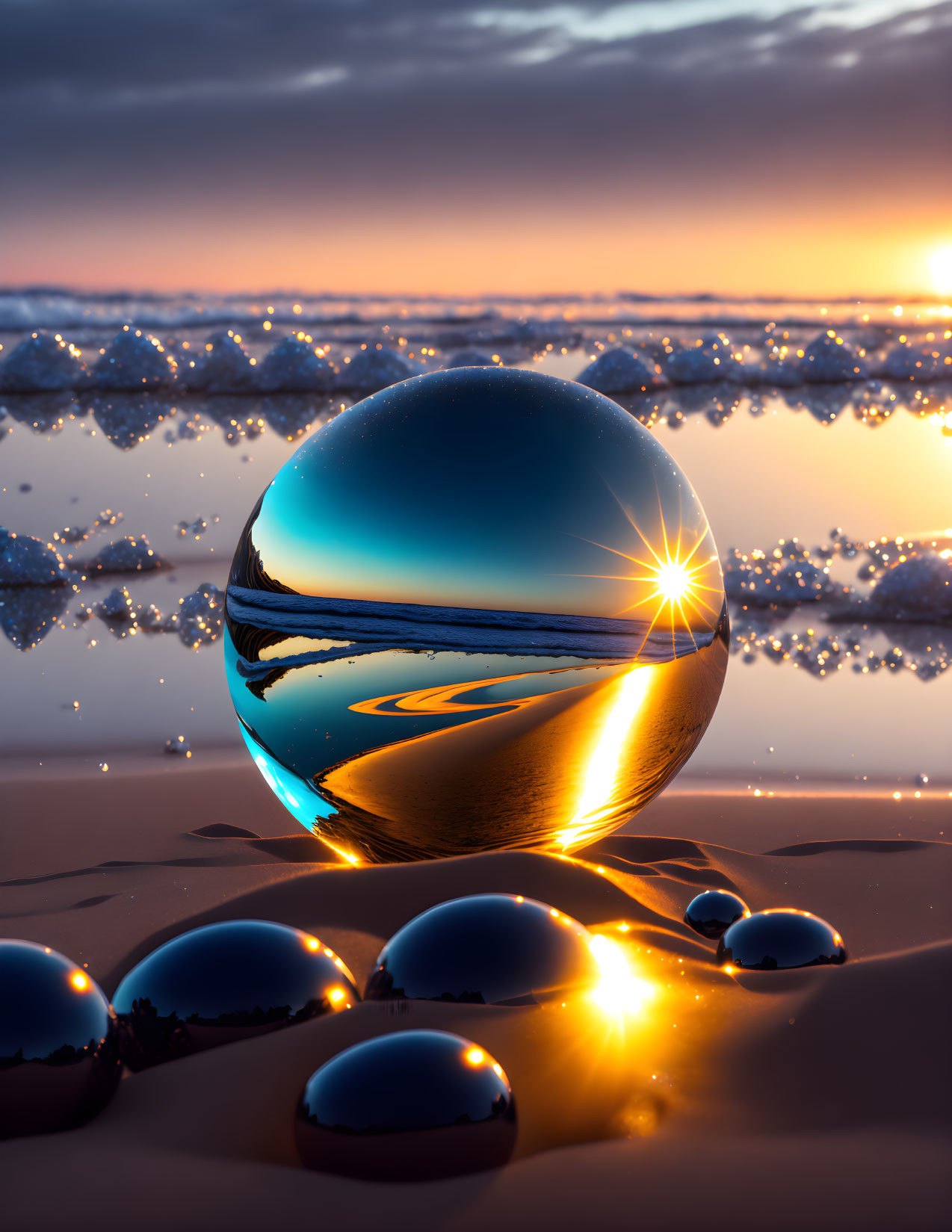 Crystal ball sunset reflection on beach with spheres and sunstar effect