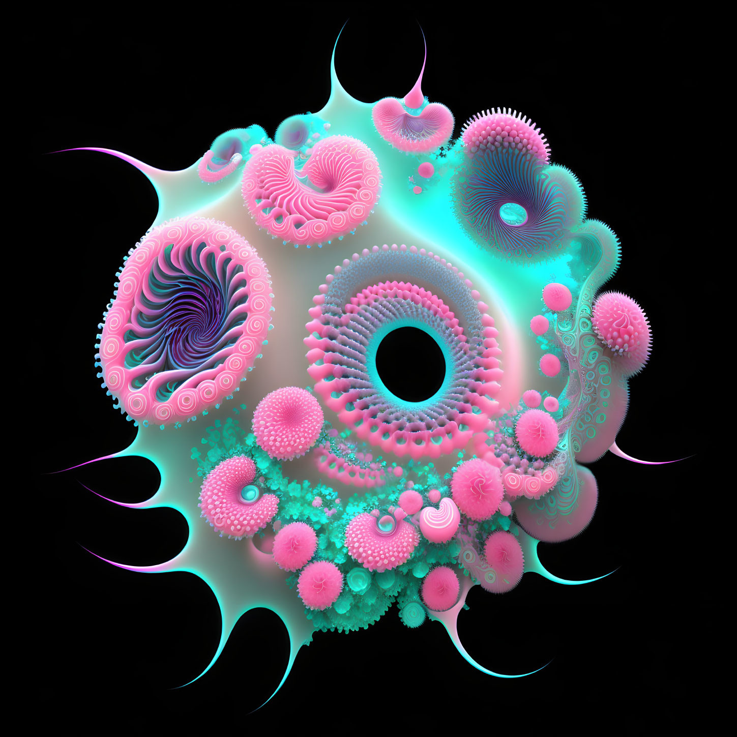 Colorful 3D fractal art: intricate pink, blue, and white patterns on black.