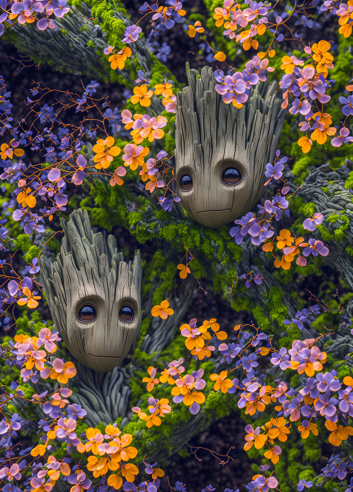 Baby Groot Figures Among Orange and Purple Flowers with Moss Backdrop