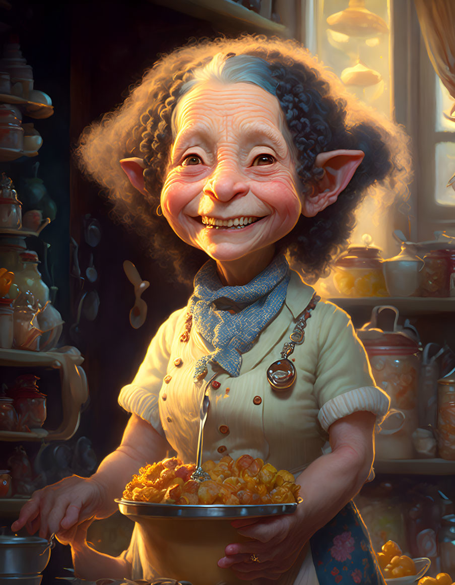 Elderly fantasy character with pointed ears smiling in cozy kitchen