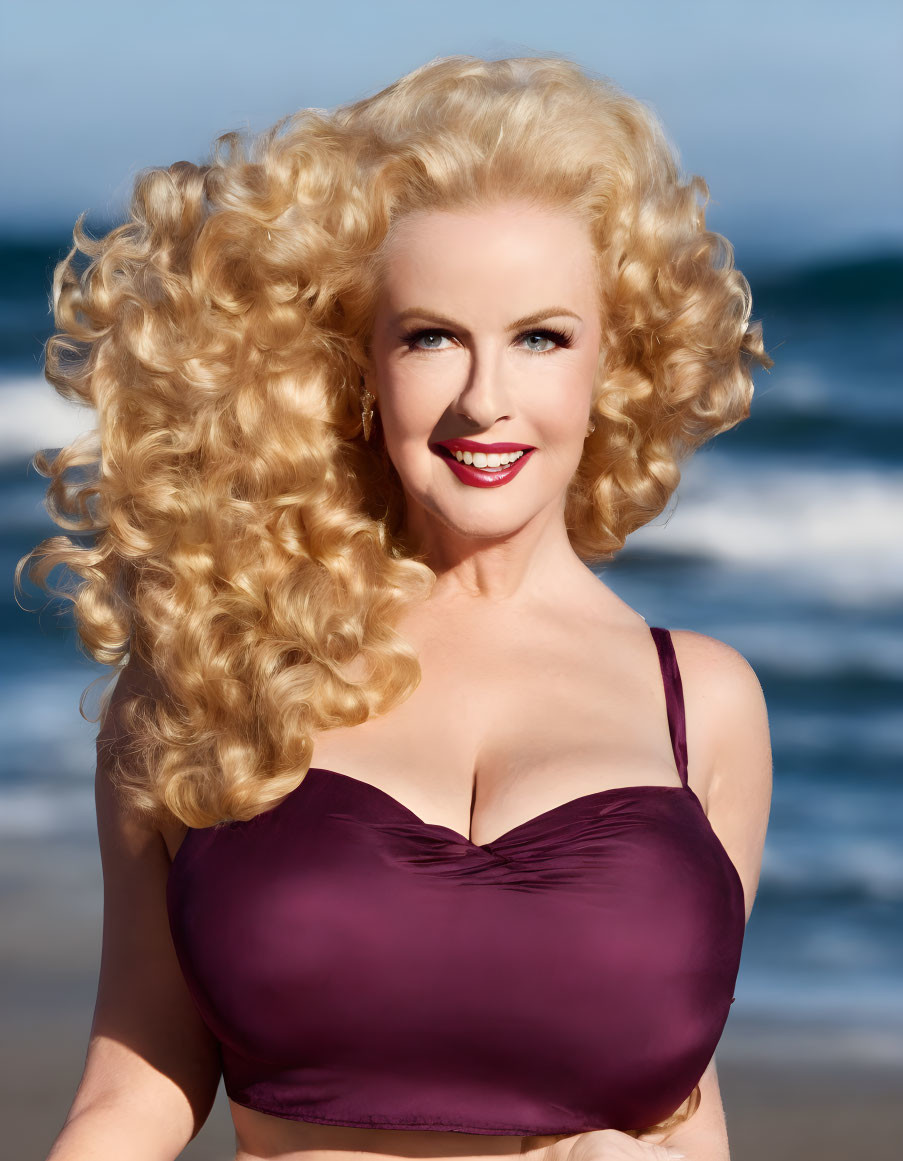 Blonde woman with curly hair and red lipstick smiling at beach.