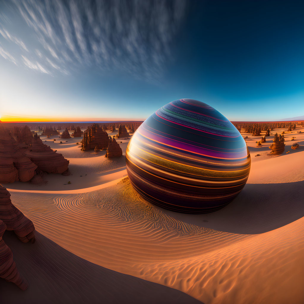 Colorful Striped Sphere in Surreal Desert Landscape