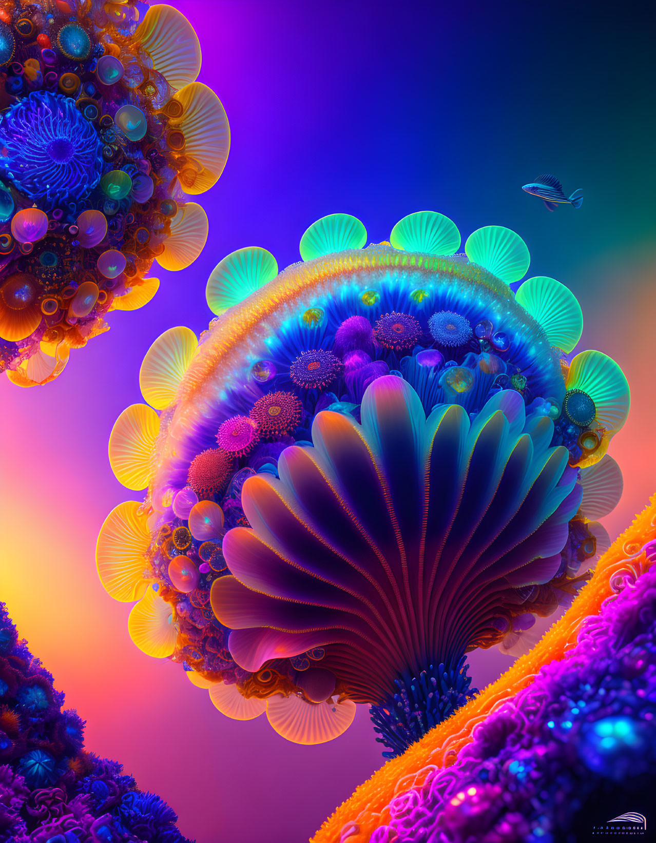 Colorful surreal illustration of luminescent jellyfish in alien landscape