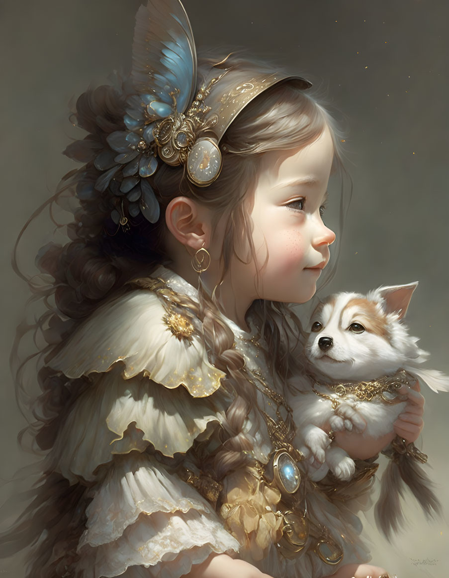 Young girl in elaborate attire holding small white dog with golden accessories