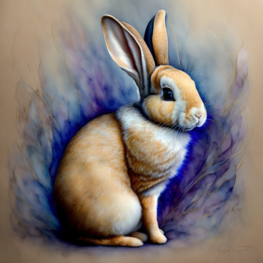 Detailed rabbit illustration with tan fur and large ears on brown and blue background