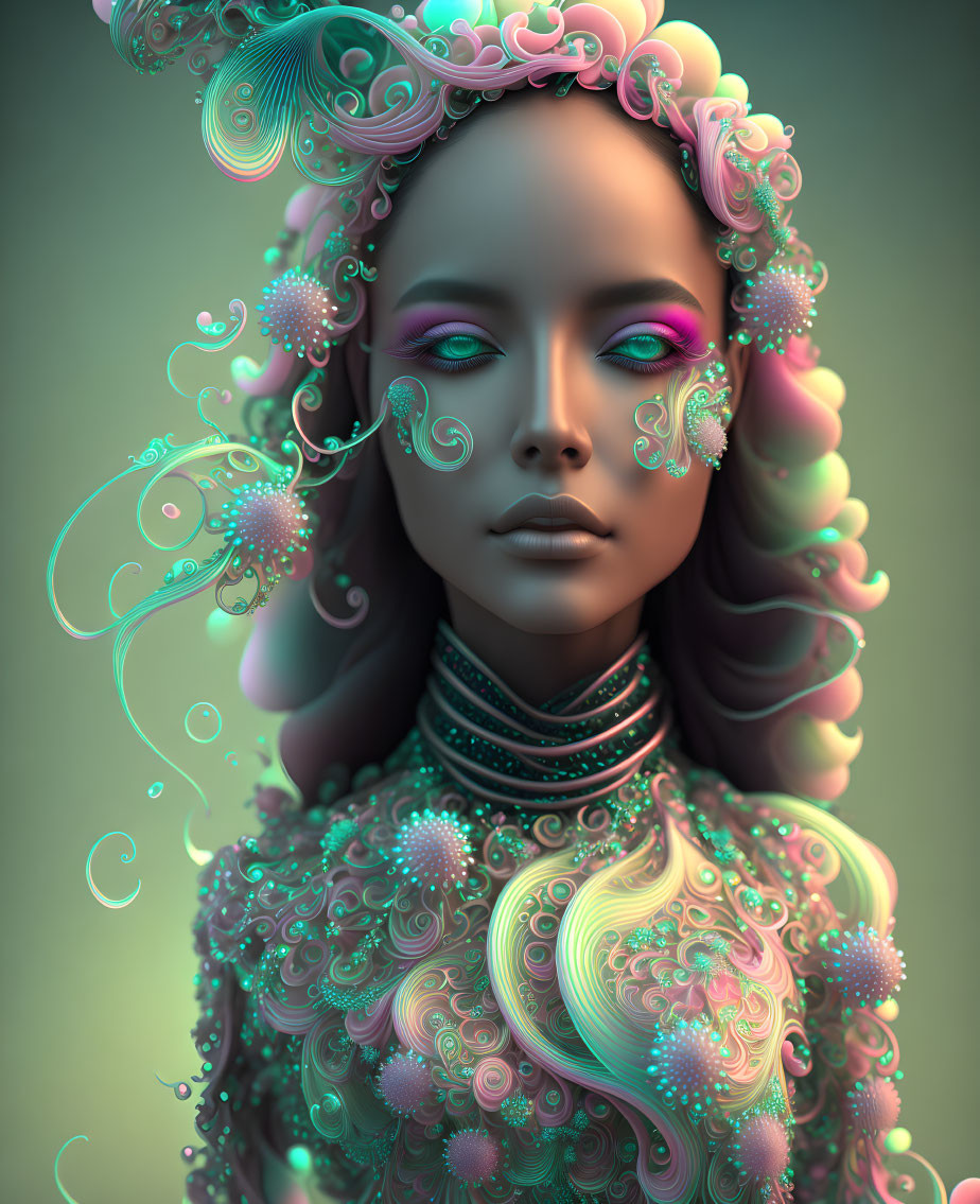 Intricate swirling patterns in woman's hair and clothing with pastel colors