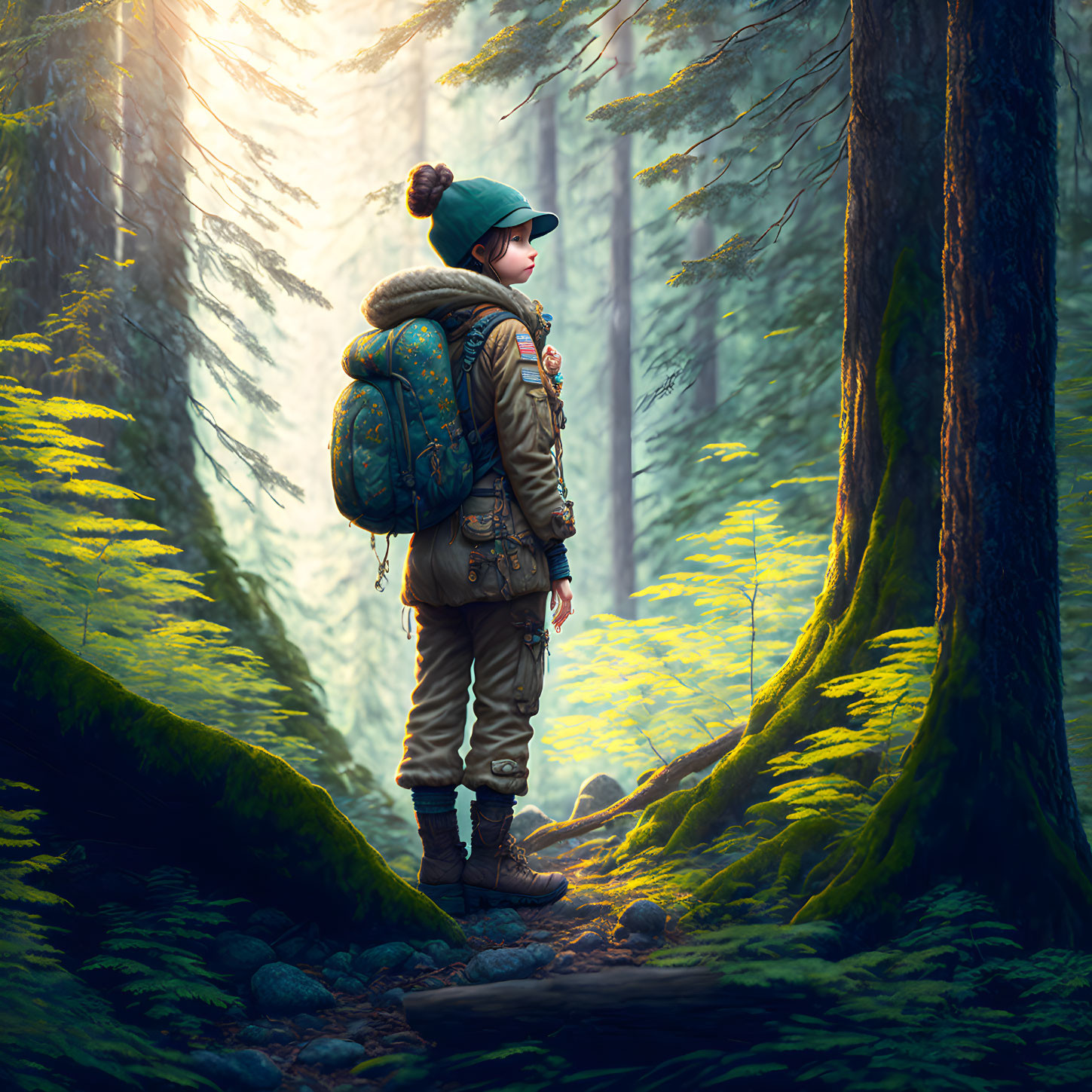 Person with backpack on forest path among tall trees and green moss.