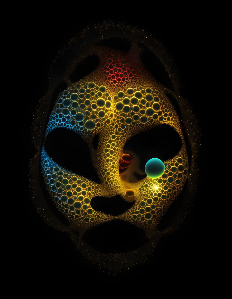 Abstract face digital artwork with colorful circles on black background & blue orb.