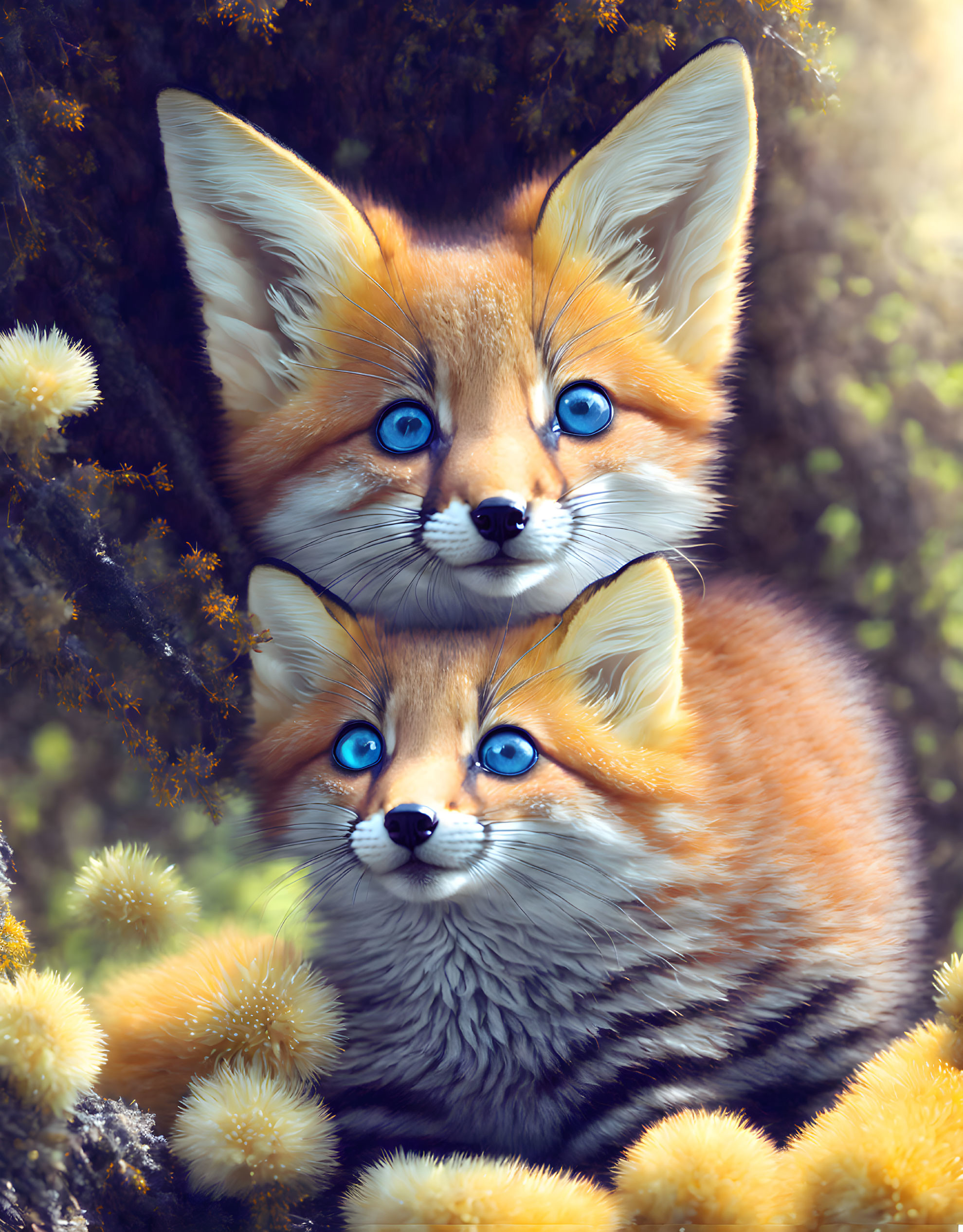 Vividly colored foxes with blue eyes cuddling in yellow plants