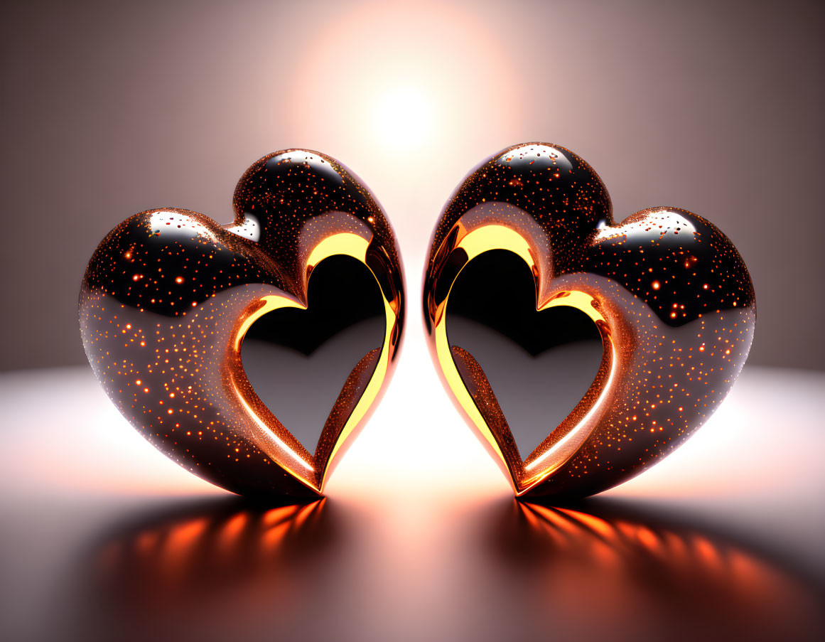 Bronze metallic hearts with sparkling surfaces on warm backlit background