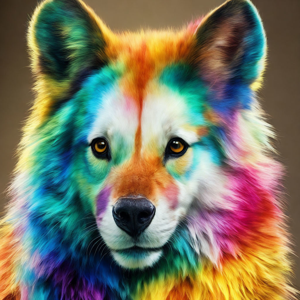 Digitally altered wolf image with rainbow fur on neutral background