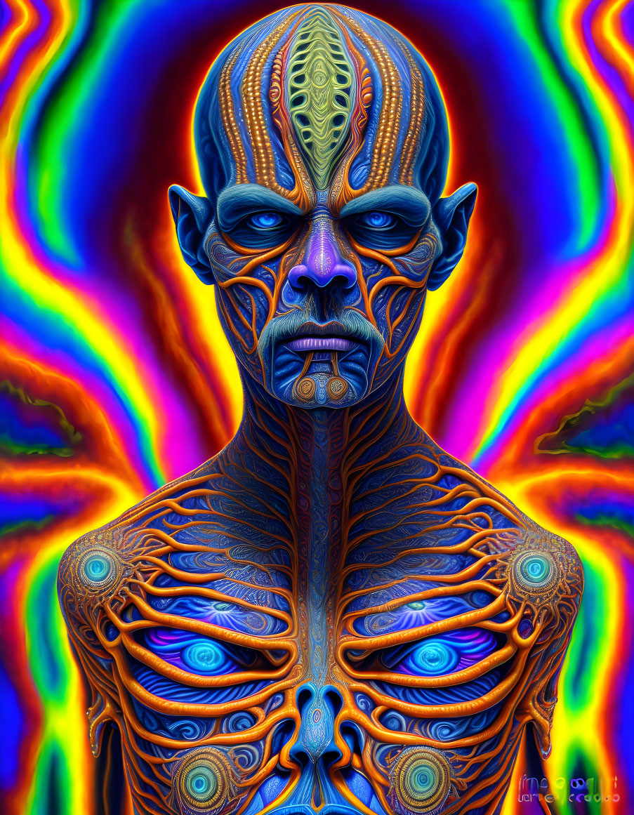 Colorful Digital Artwork: Humanoid Figure with Psychedelic Background