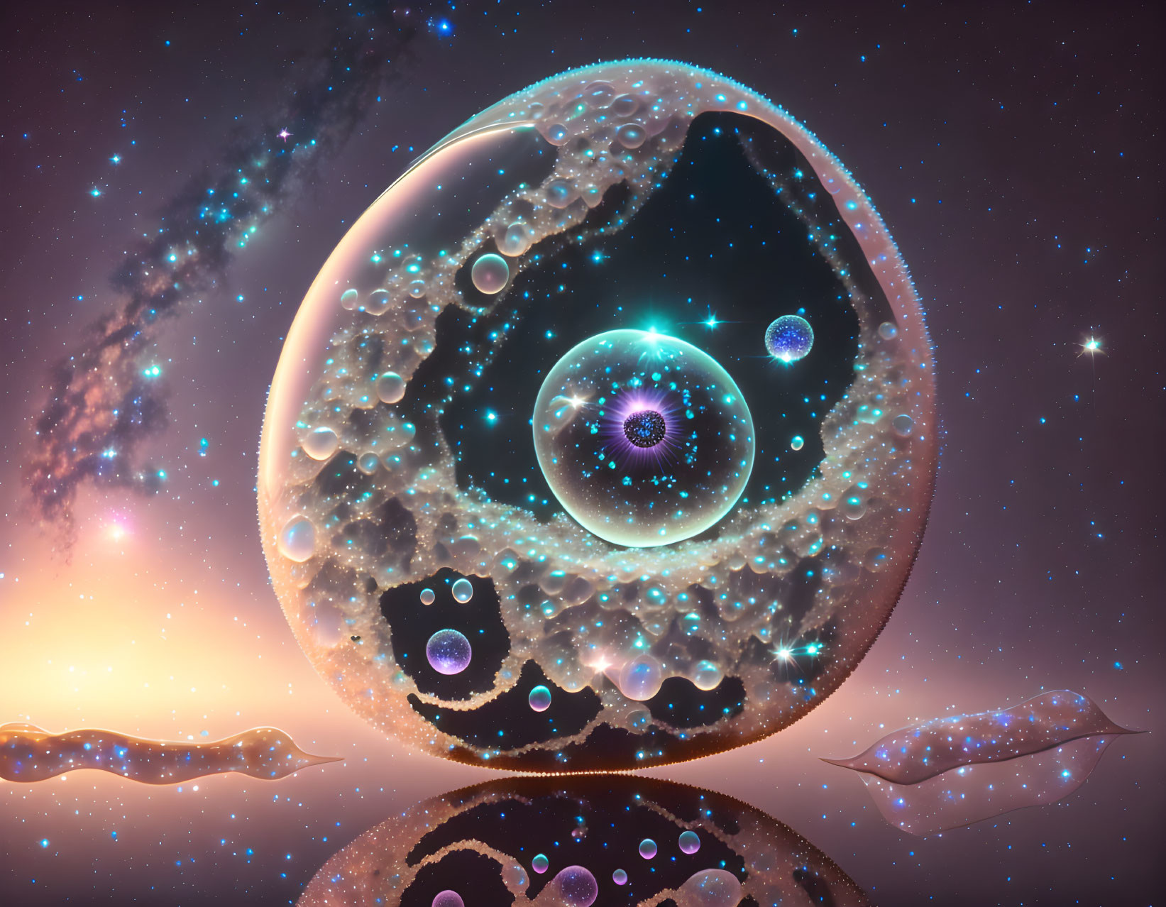 Colorful cosmic scene with floating bubble-like structures and intricate patterns.