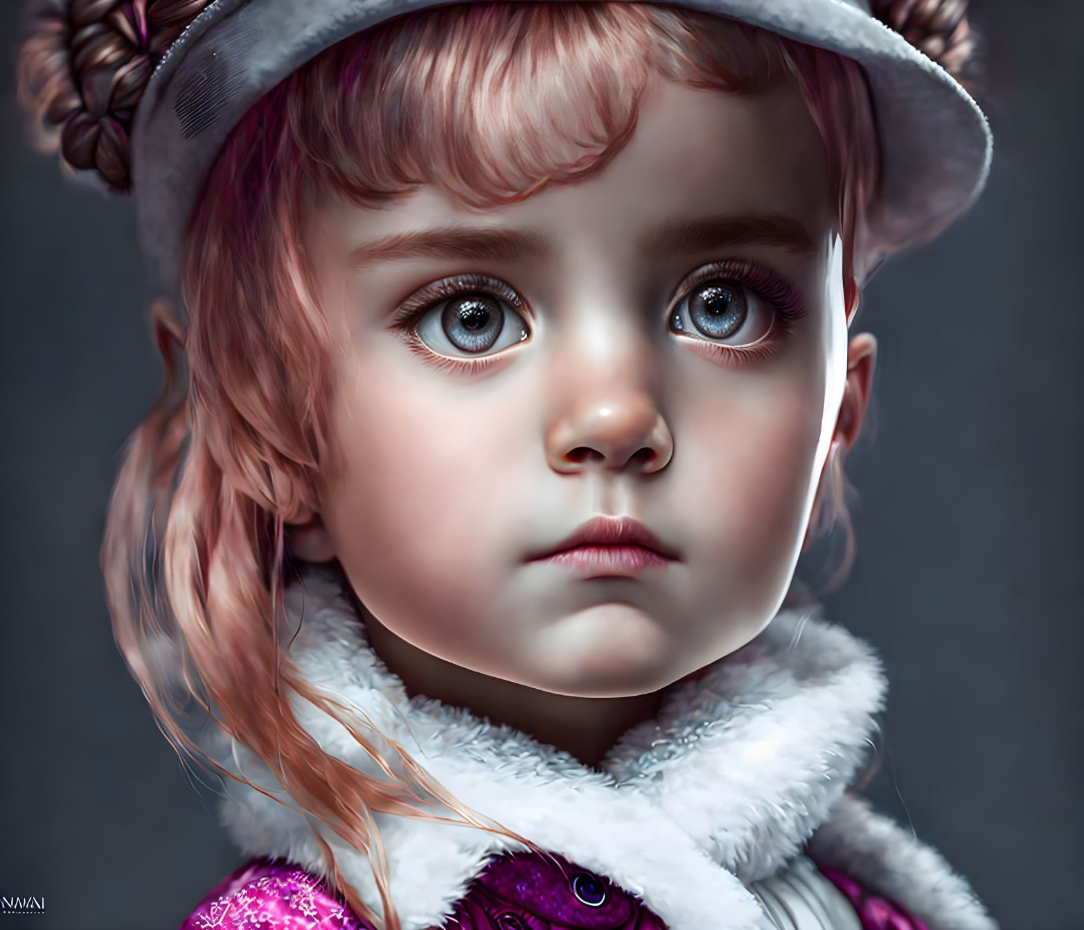 Digital artwork: Young girl with blue eyes, pink hair, purple jacket