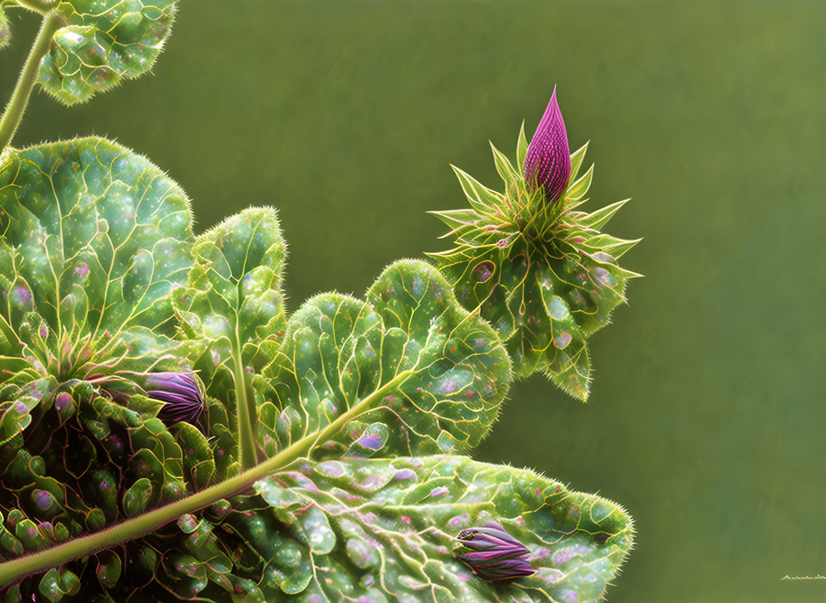 Vibrant purple flower bud and leaves with water droplets on green backdrop