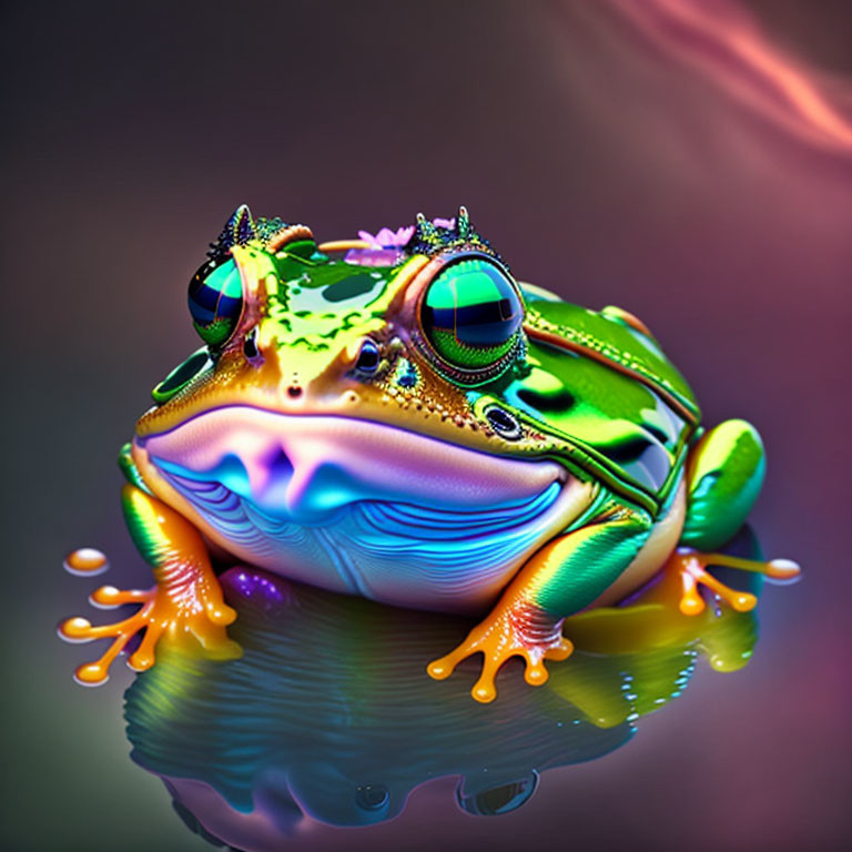 Vibrant digital frog illustration with glass-like textures