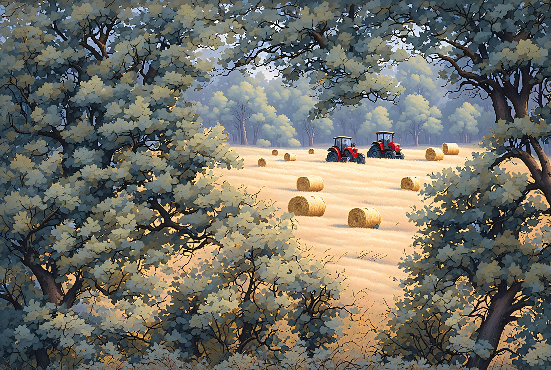 Rural landscape with scattered hay bales, trees, and red tractor