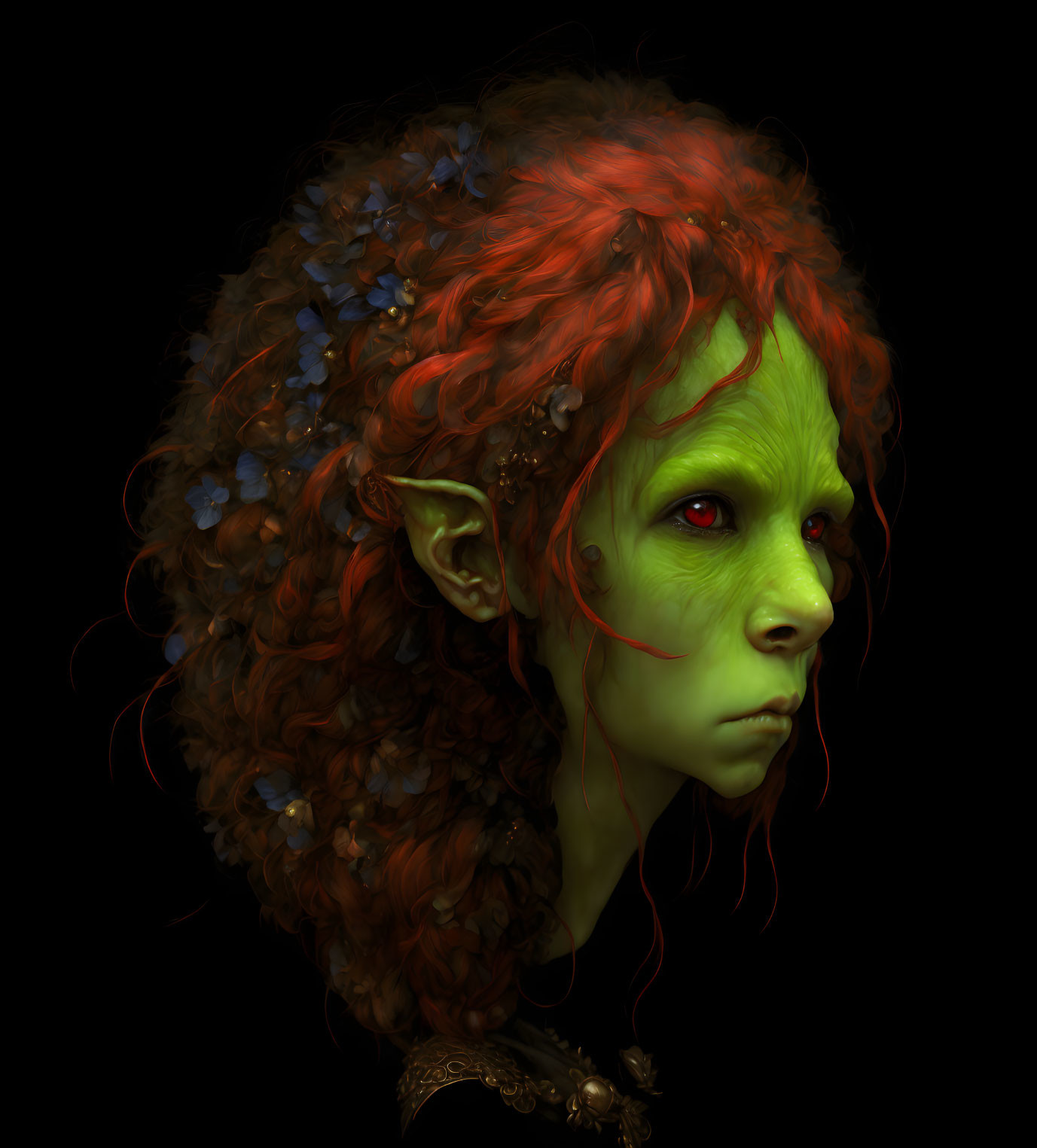 Fantastical creature with green skin and red curly hair.