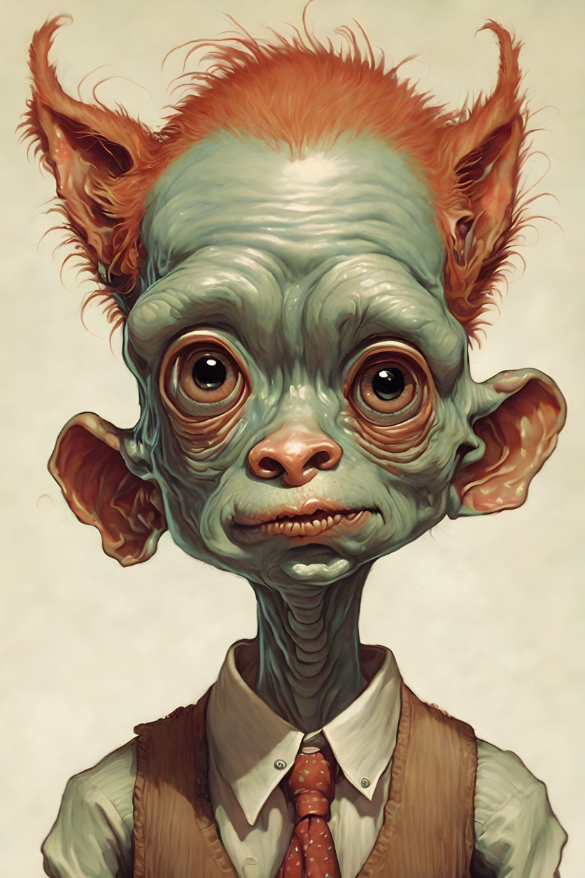 Fantasy creature with large ears, wide eyes, green skin, shirt, vest, and tie.
