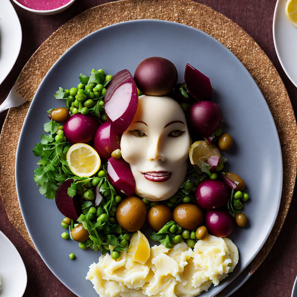 Vegetables and mashed potatoes in face mask design on dark plate with lemon and sauce