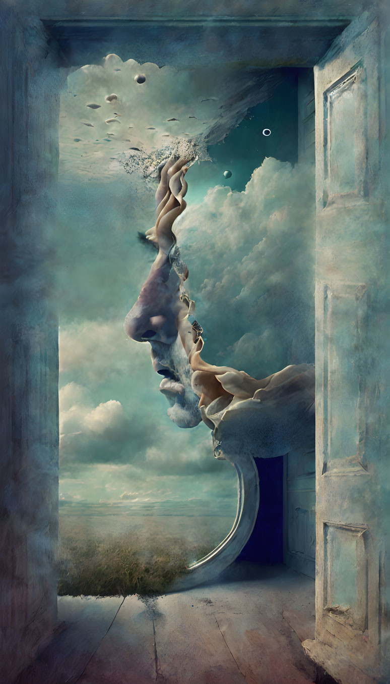 Surreal Artwork: Faces in Clouds, Sea Door, Sky Rail Track