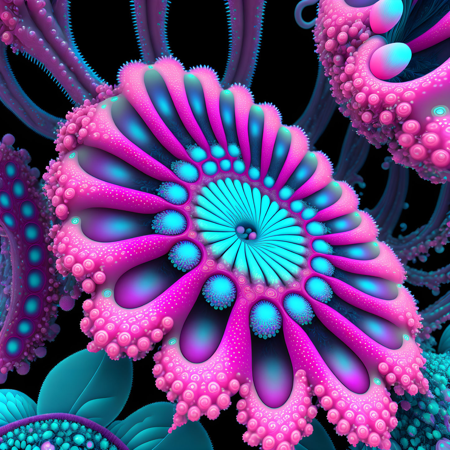 Colorful 3D fractal image with pink and blue spiral patterns