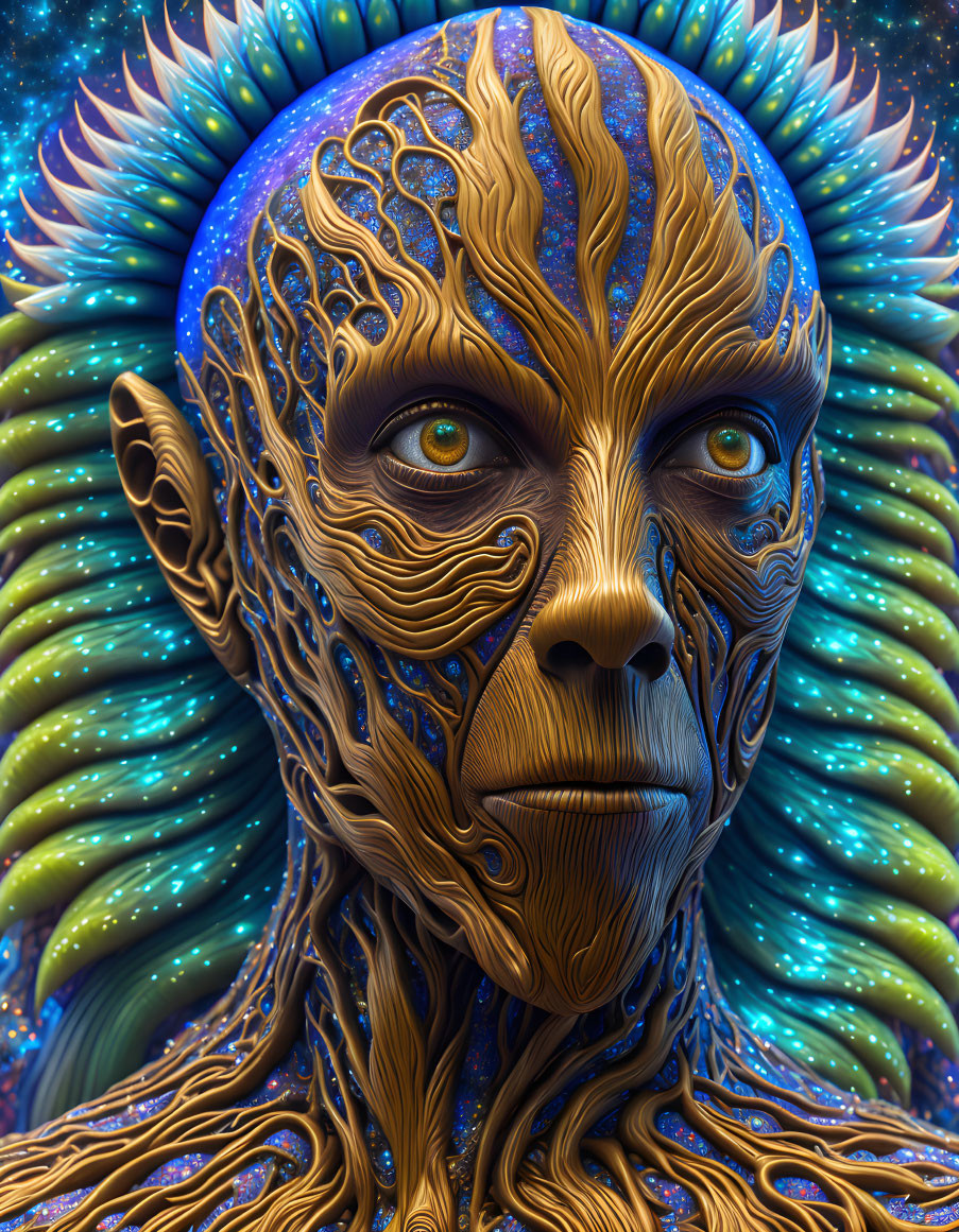 Detailed humanoid illustration with wood-like skin and colorful spiraling patterns.