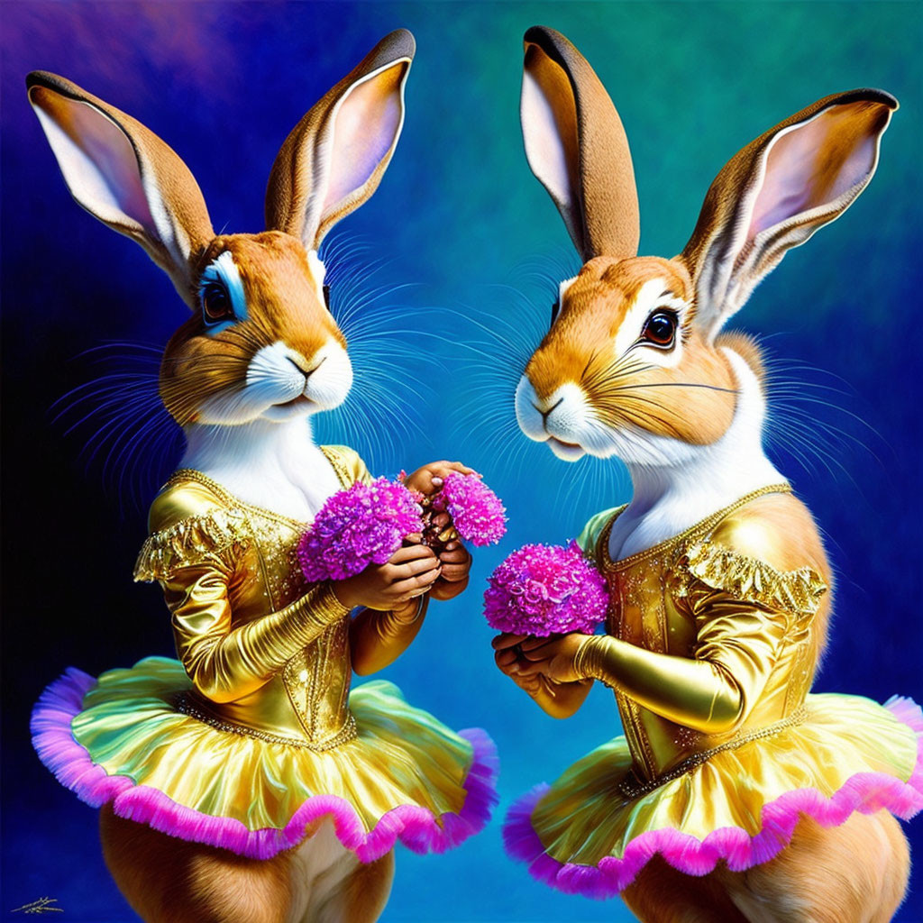 Anthropomorphic rabbits in yellow dresses with pink flowers on blue background