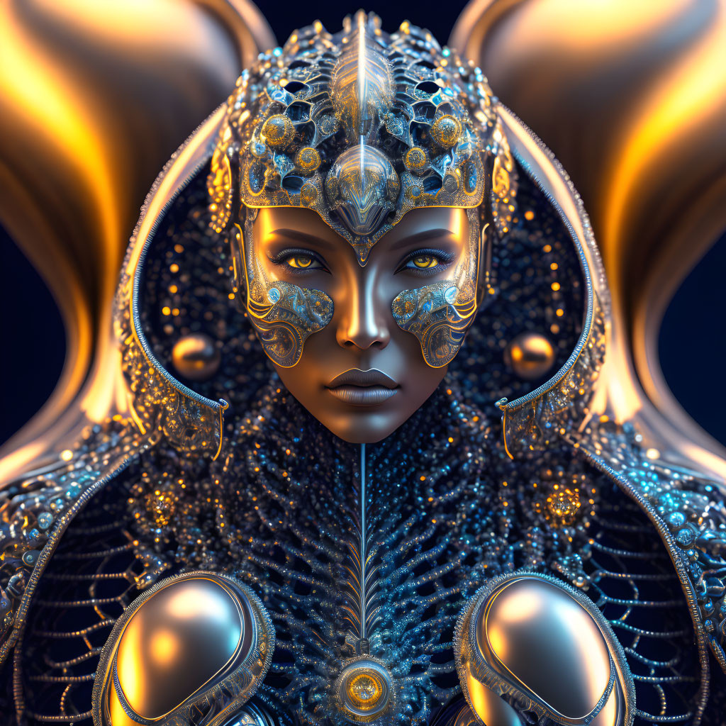 Futuristic warrior in ornate golden armor on dark background