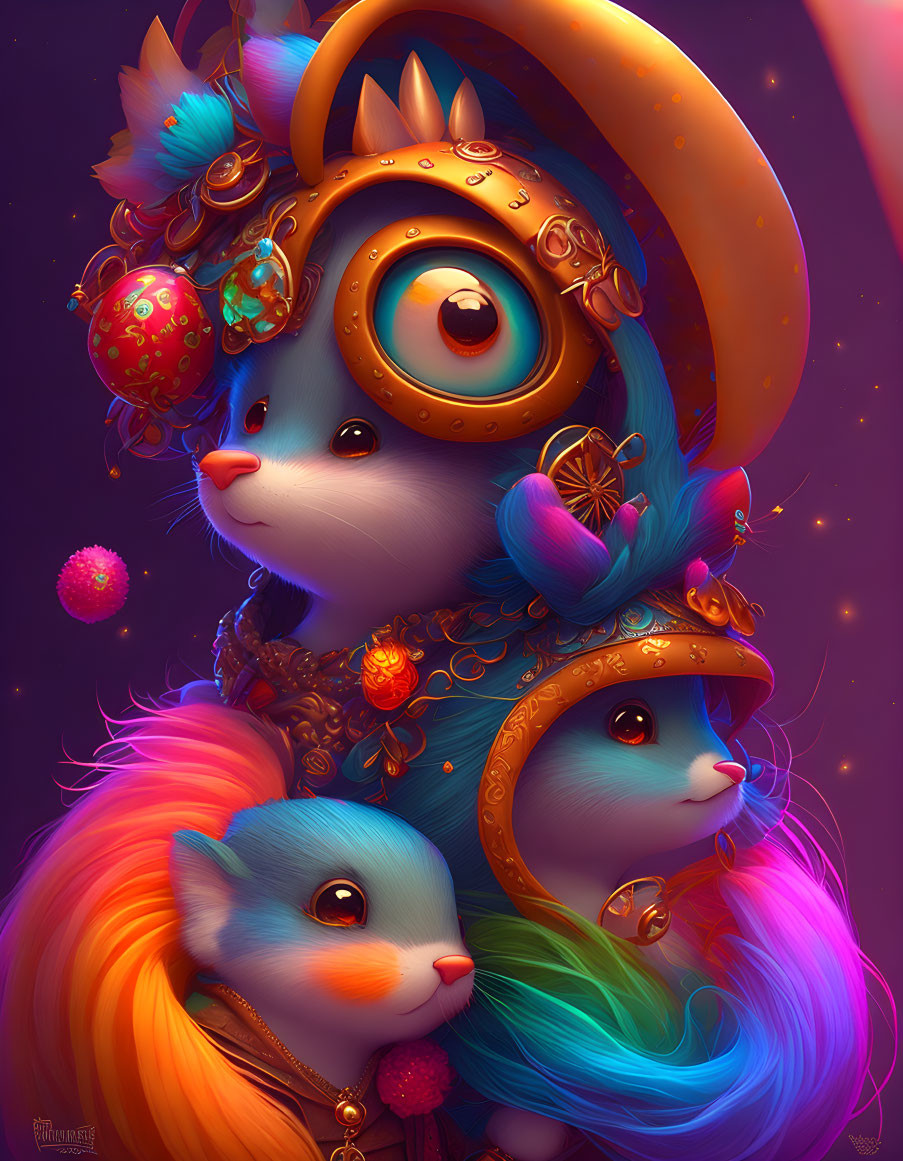 Vibrant illustration of three whimsical creatures on purple background