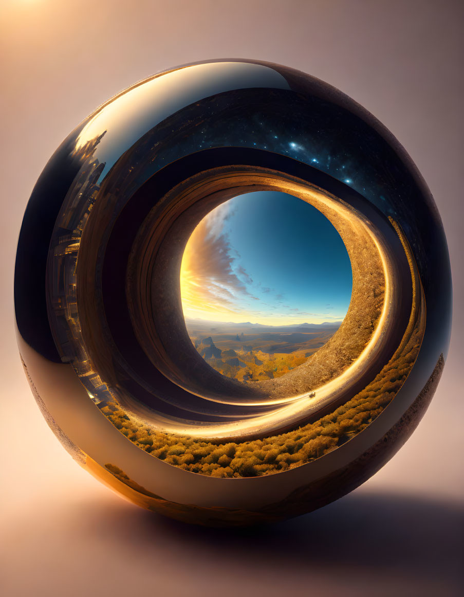 Surreal toroidal landscape transitioning from night sky to sunlit scene
