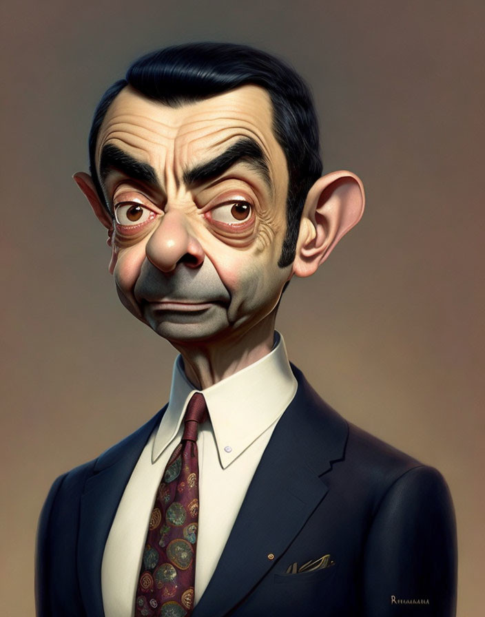 Exaggerated man caricature in suit with puzzled expression