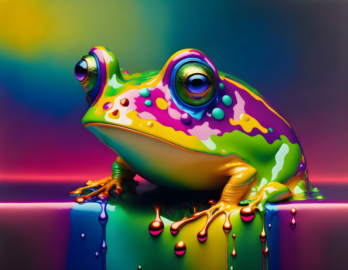 Colorful frog with bulging eyes on reflective surface against rainbow background