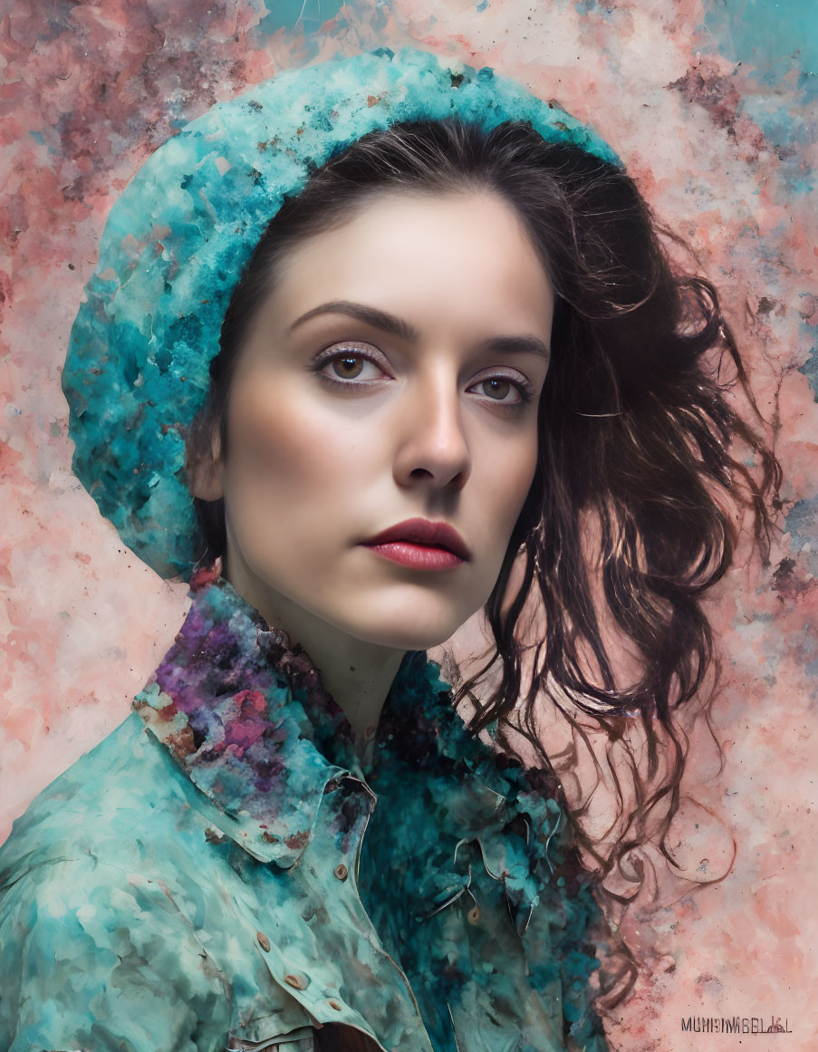 Portrait of woman with pale skin, dark hair, teal beret, textured garment, on pink and