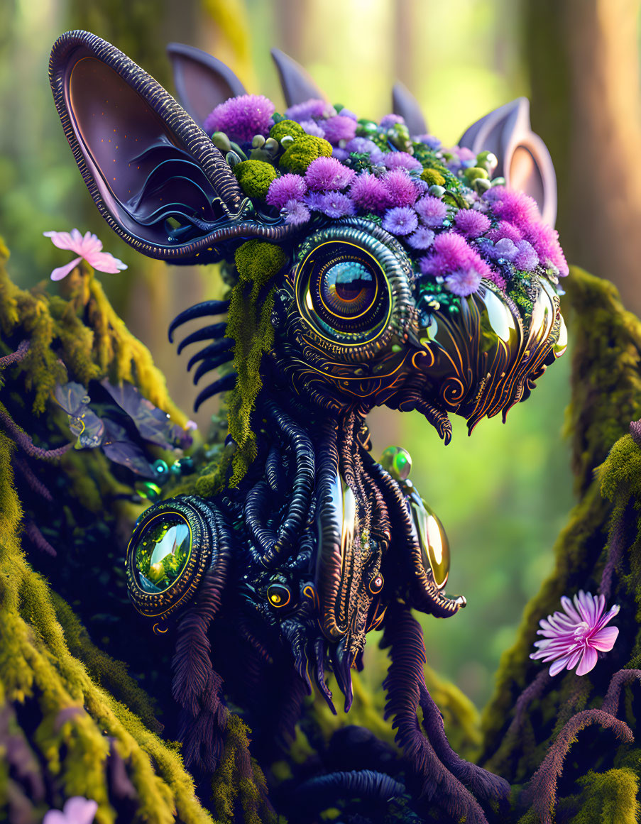 Fantastical creature with floral crown and mechanical features in enchanted forest
