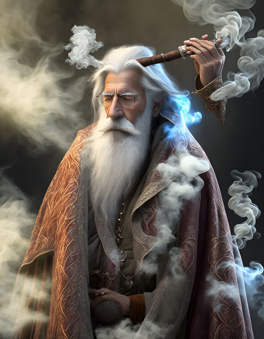 Wizened wizard with long beard puffing on a pipe against dark backdrop