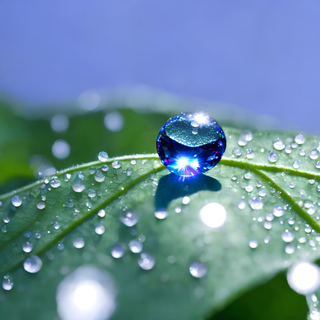 Blue water droplet on green leaf with dewdrops, sparkling in light