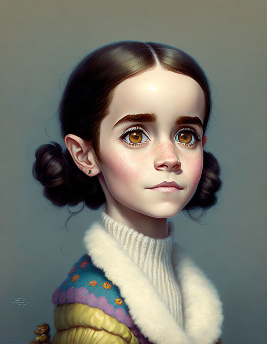 Digital portrait of girl with large eyes, braided hair, white collar, colorful sweater