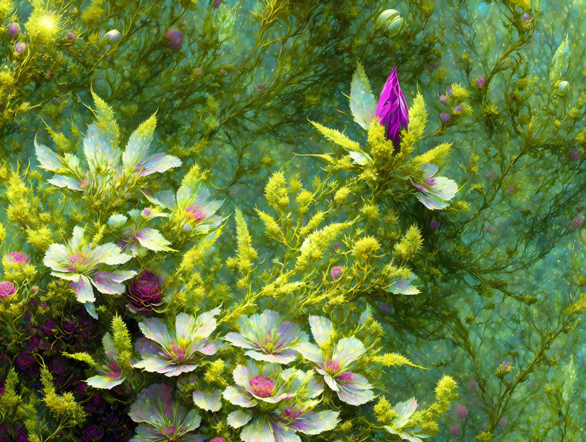 Vibrant Green and Purple Fantasy Plant Artwork