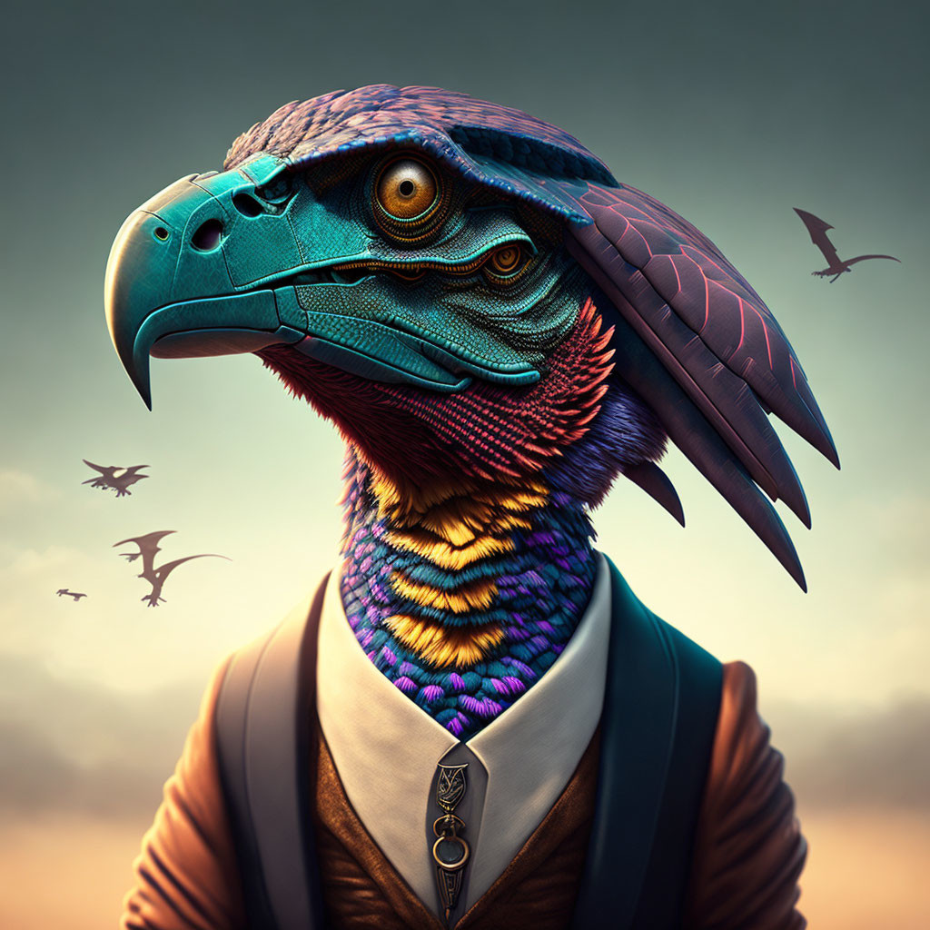 Colorful anthropomorphic bird in suit and tie under dusk sky