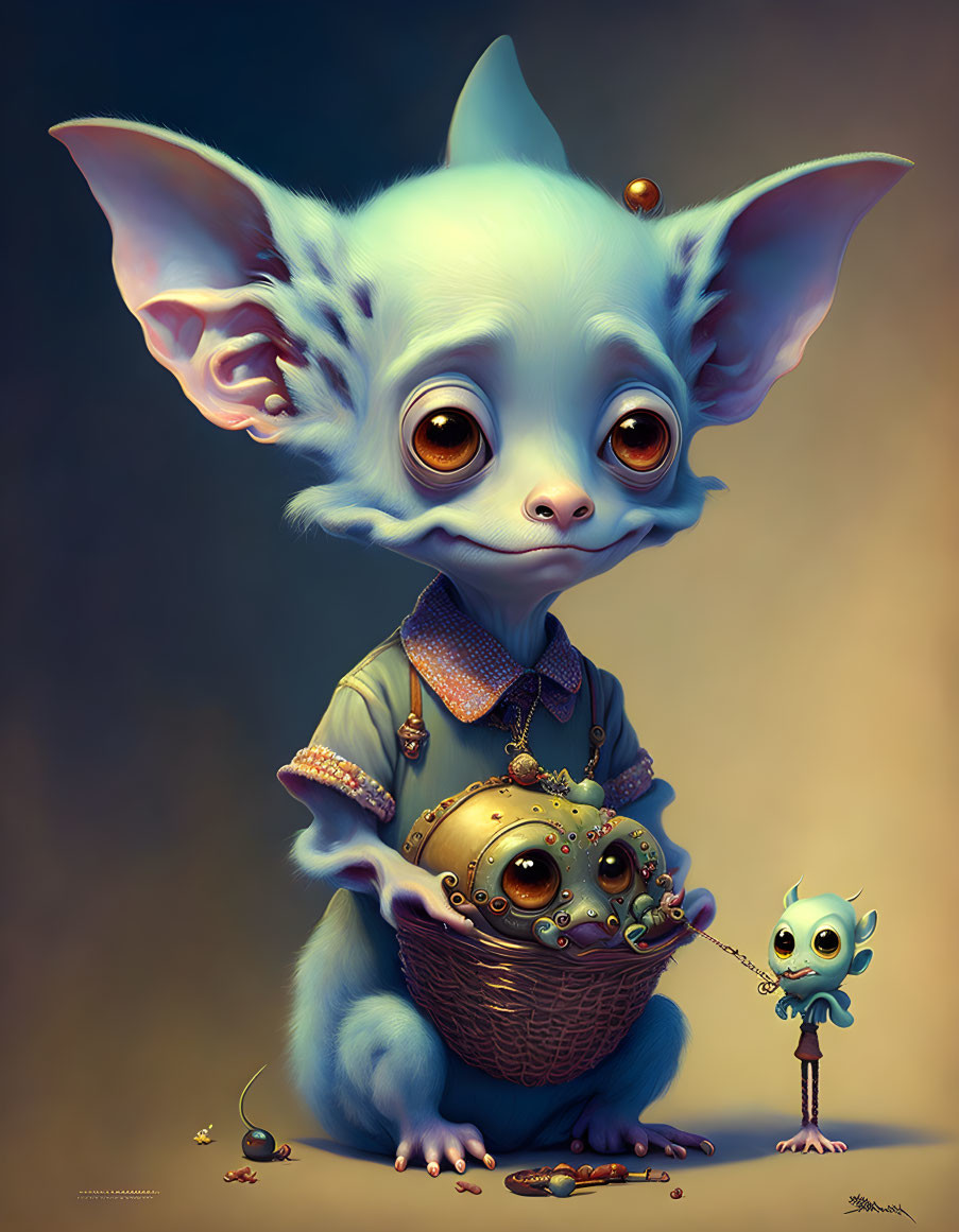 Stylized creatures with large ears and eyes holding a basket and mechanical device.