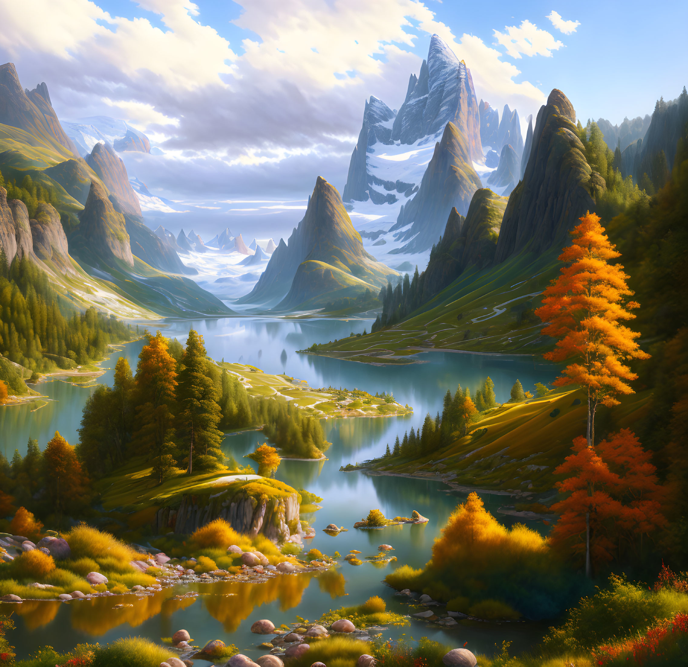 Autumn landscape: vibrant lake, mountains, blue skies