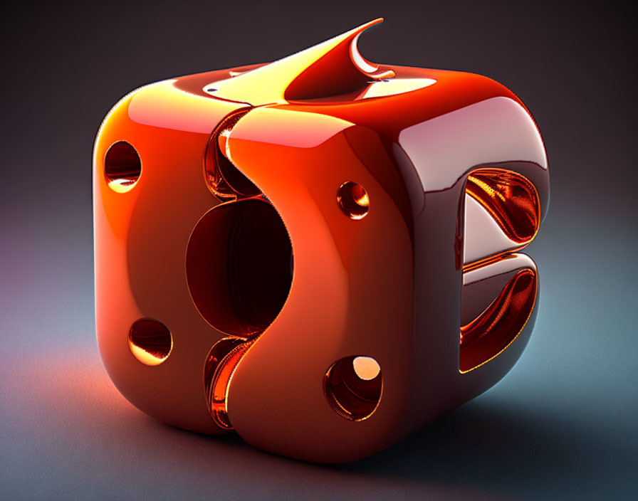 Abstract Red Cubic Sculpture with Circular Holes on Purple Background