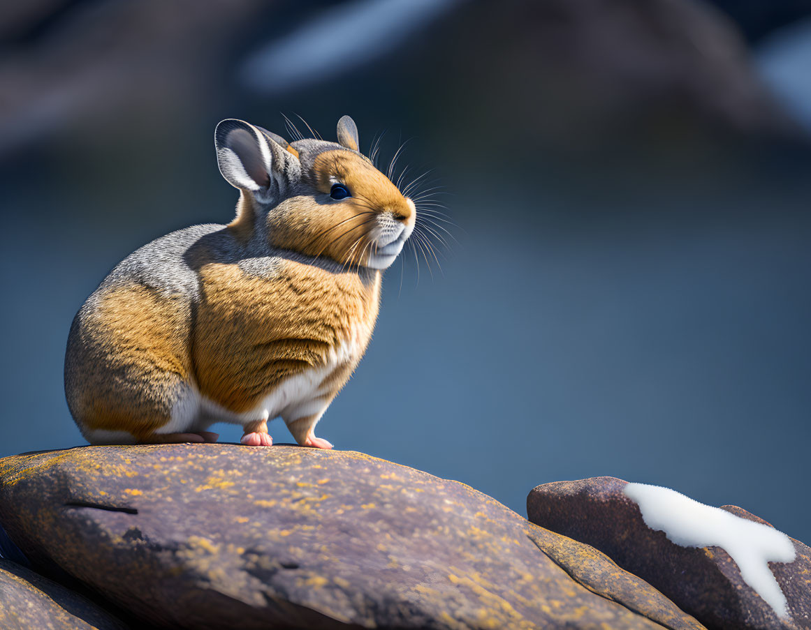 Whimsical rabbit body with tiger face on rocky surface