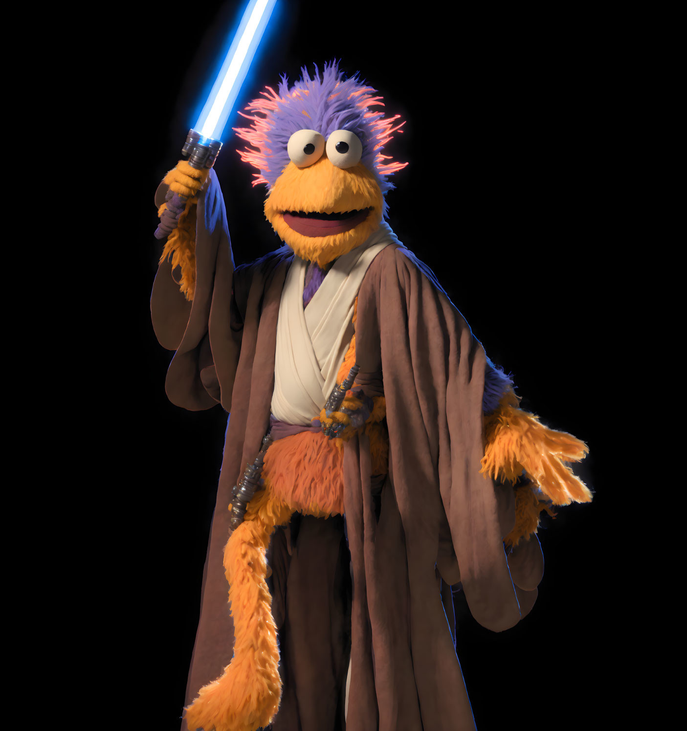 Orange Jedi puppet with blue hair and lightsaber on black background