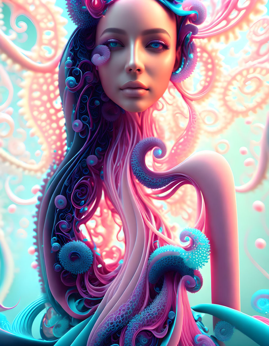 Colorful digital artwork: Female figure with flowing hair and intricate patterns